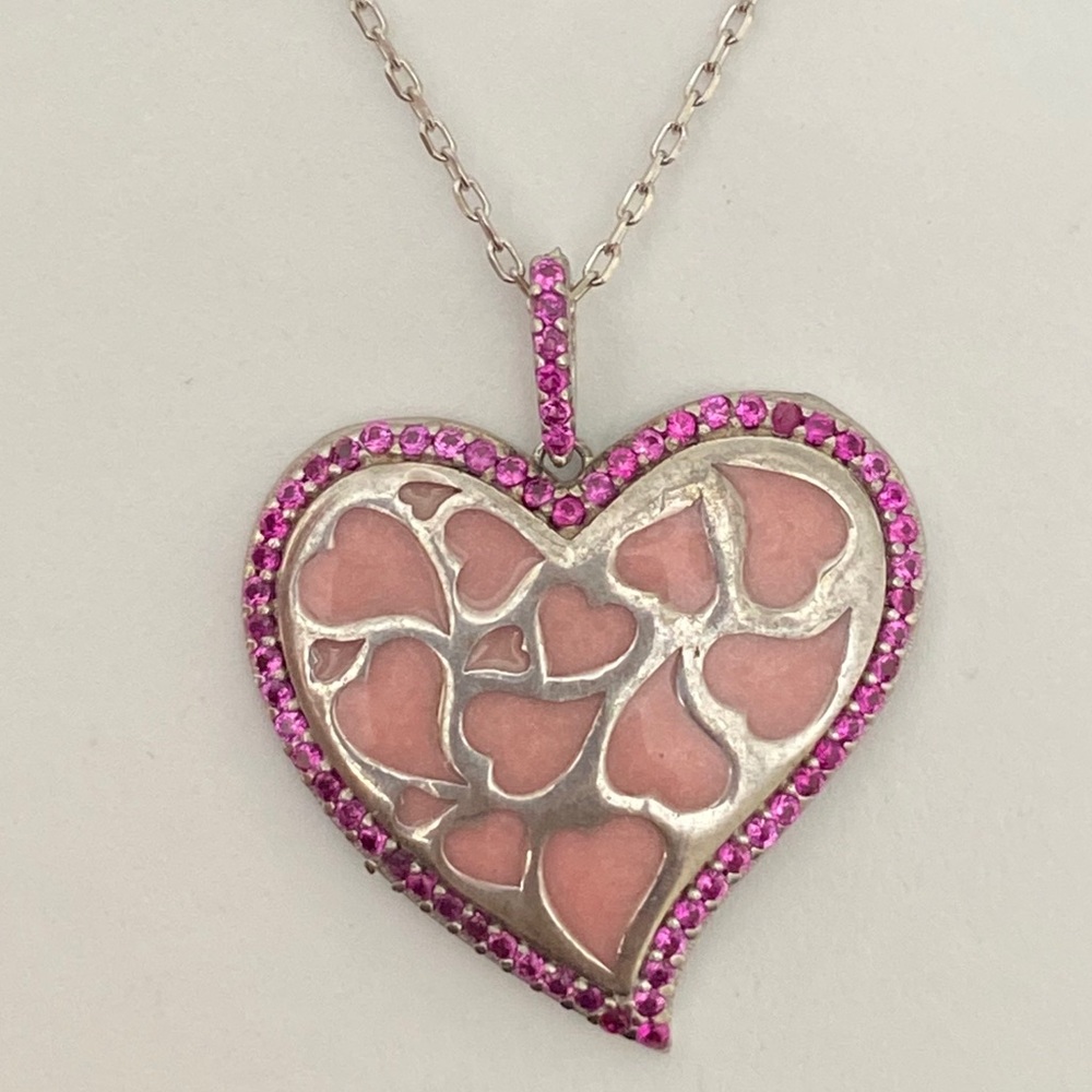 💗925 Silver heart pink cz enamel necklace💗